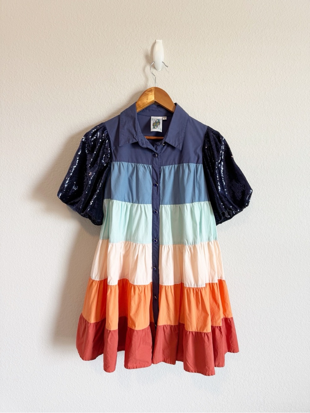 Queen of Sparkles Colorblock Navy Tiered Sequin Puff Sleeve Mini Dress Size S